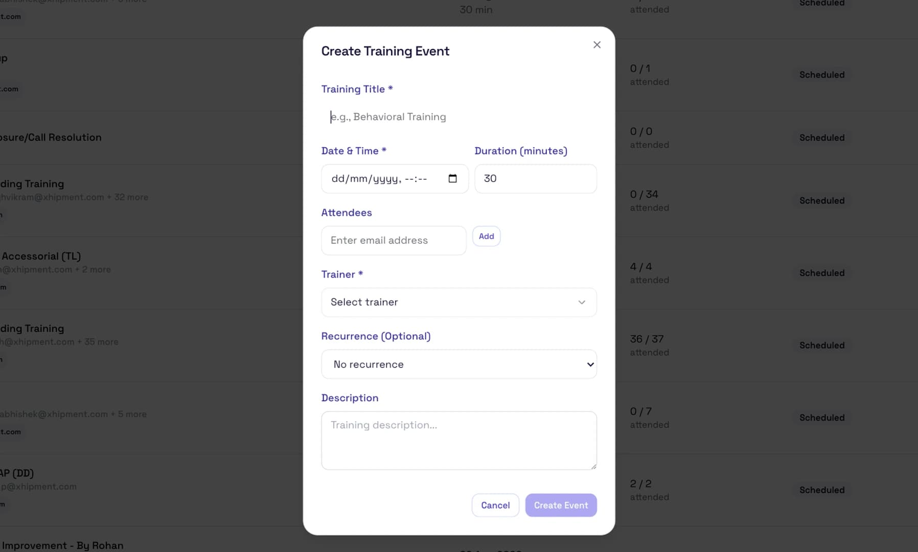 Training schedule