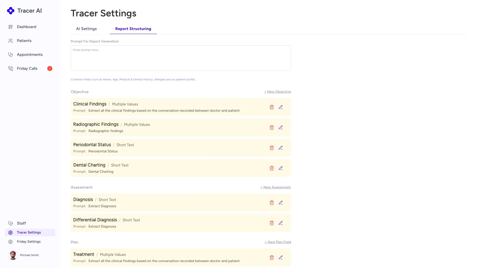 Report structure settings